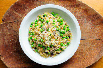 green pea pesto and orzo pasta and sauteed mushrooms