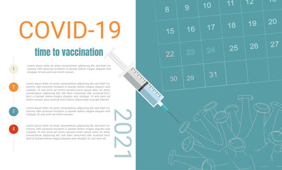 Vaccination - Medical concept of vaccination plan with copy space, syringe injecting coronavirus along with schedule for planning.