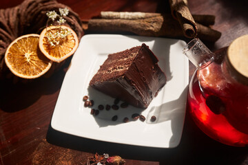 pot of tea wit cake and coffee