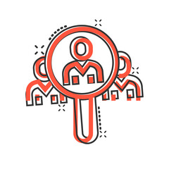 Search job vacancy icon in comic style. Loupe career cartoon vector illustration on white isolated background. Find people employer splash effect business concept.