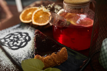 pot of tea wit cake and coffee