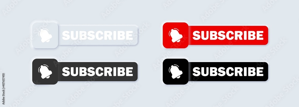 Poster set of subscribe with cursor. bell button and hand cursor. red button subscribe to channel, blog. so