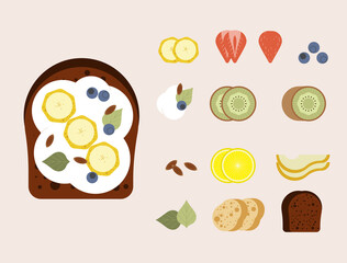 
Sweet breakfast. Cartoon banana and kiwi slice, 
strawberry and 
blueberry, lemon and pear, vector illustration elements for delicious fruit toast.