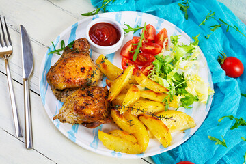 Delicious baked chicken with potatoes on wooden background