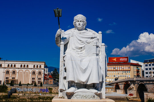 SKOPJE, NORTH MACEDONIA - July 29, 2018: Monument of the Roman Emperor Justinian, in Skopje, North Macedonia