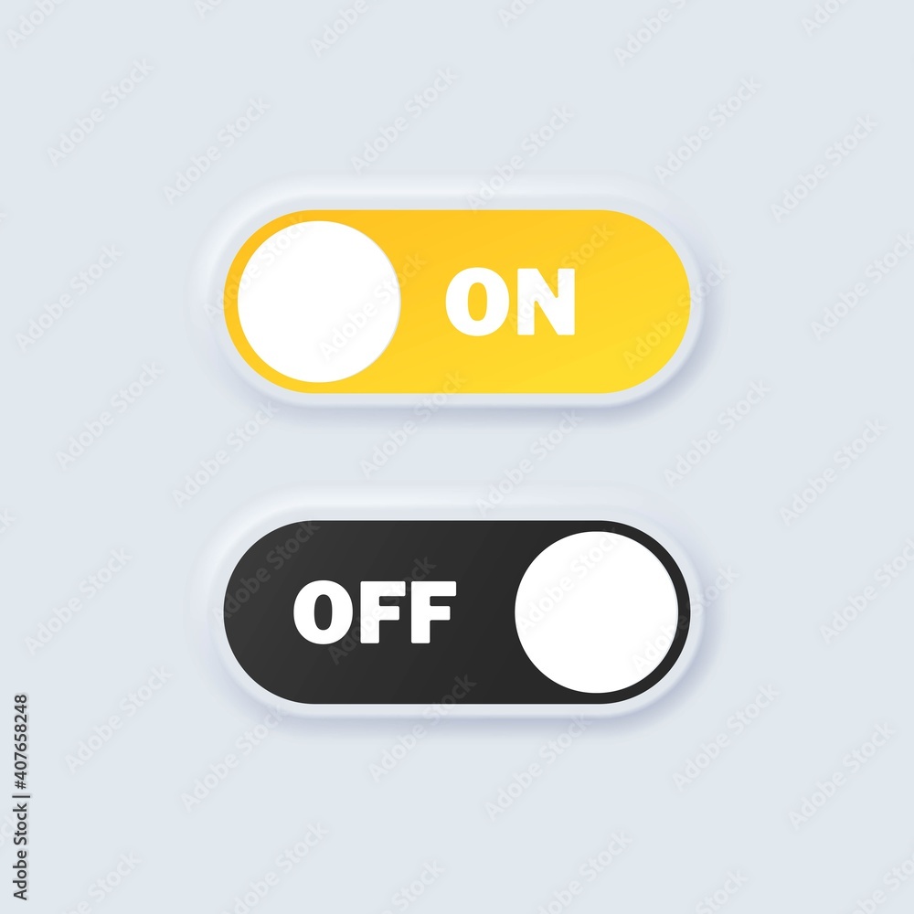Poster Set of switch on and off icons. On and off toggle buttons. Devices User Interface mockup or template. Neumorphic UI UX white user interface web buttons.