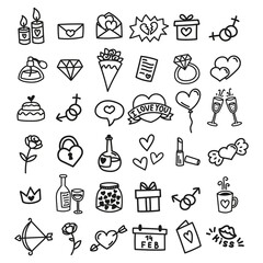 Fototapeta premium Hand Drawn Love and Valentine Icons Set - Sketched Illustrations Collection in Black and White