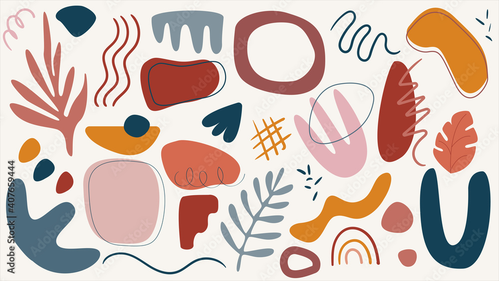 Poster hand drawn various shapes and doodle objects set. abstract shapes background. minimal covers design.
