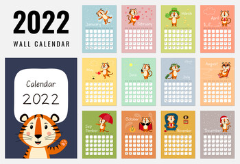 Wall calendar design template for 2022, year of Tiger according to the Chinese or Eastern calendar. Week starts on Sunday. Set of 12 pages and cover with a cute tiger. Vector stock flat illustration.