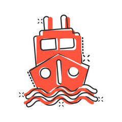 Tourism ship icon in comic style. Fishing boat cartoon vector illustration on white isolated background. Tanker destination splash effect business concept.