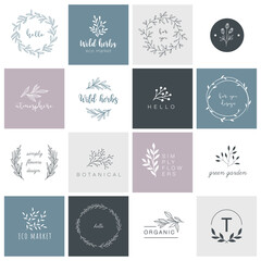 Hand drawn logo collection. Logo design with doodle flowers.	