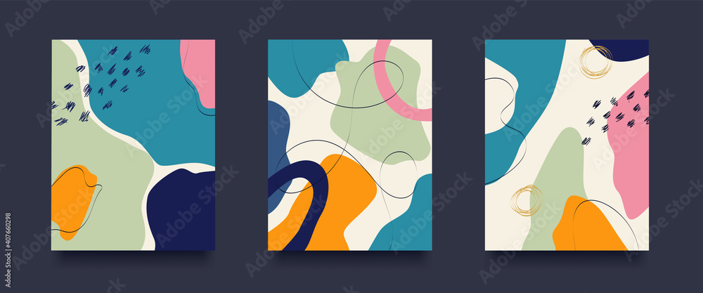 Poster abstract shapes background set. set of three hand drown seamless contemporary patterns. . vector ill