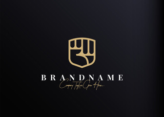 Hand clenched shield logo design inspiration. Symbol illustration of strong defense. Modern vintage icon design template with line art style.