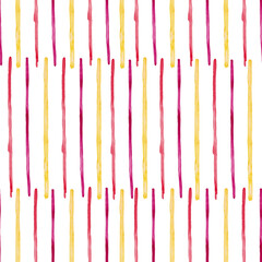 Seamless pattern of yellow, red and pink thin stripes. Birthday card backdrop, wrapping paper texture. Watercolor isolated elements on white background.