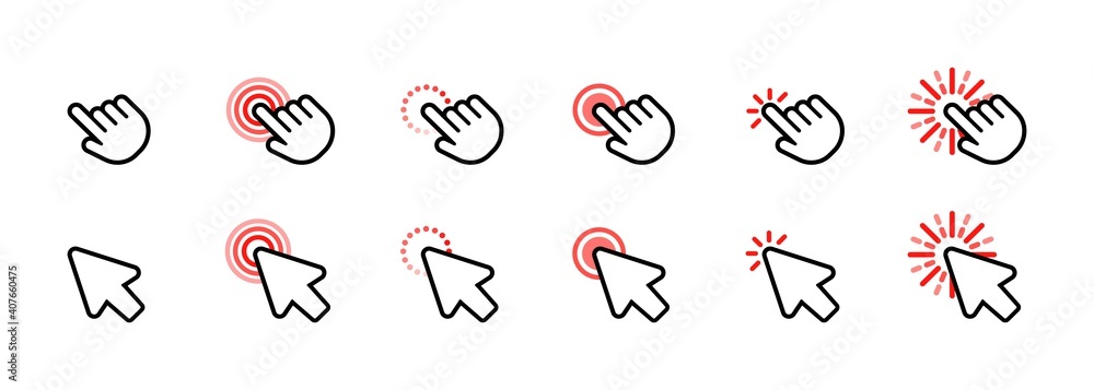 Poster set of computer mouse click cursor icons. arrow icon. pointer icon. cursor badge. mouse click cursor