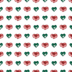 Seamless pattern of green and brown lollipops hearts. Symbol of Valentine's Day. Birthday card backdrop, wrapping paper texture. Watercolor isolated elements on white background.