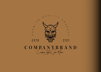 Oni mask logo design inspiration only. Vector illustration of traditional japanese devil face head. Modern vintage icon design template with line art style.