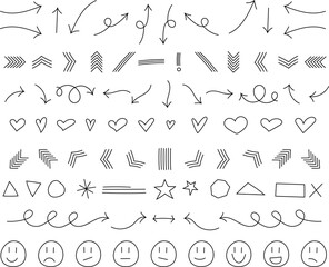 Hand drawn doodle arrows decorative elements . Minimalist decorative boho set with arrows stars smiley shapes and hearts