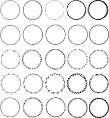 25 round circle banners frames floral decoration minimalist design line art. Cute vector icons abstract stipple and stripes lines symbol.