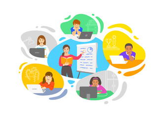 Virtual class online school distance learning teleconference. Kids with computers stay home watching young woman teacher video lesson. Remote education during coronavirus. Learning school program