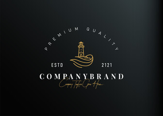 Lighthouse logo design inspiration. Vector illustration of lighthouse above the waves. Modern vintage icon design template with line art style.
