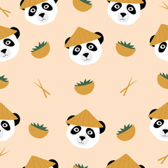 Cute panda in chinese hat with chopsticks and food bowl. Panda head cartoon. Panda seamless pattern.