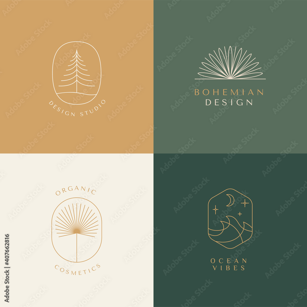 Poster Vector set of linear boho icons and symbols - sun logo design templates - abstract design elements