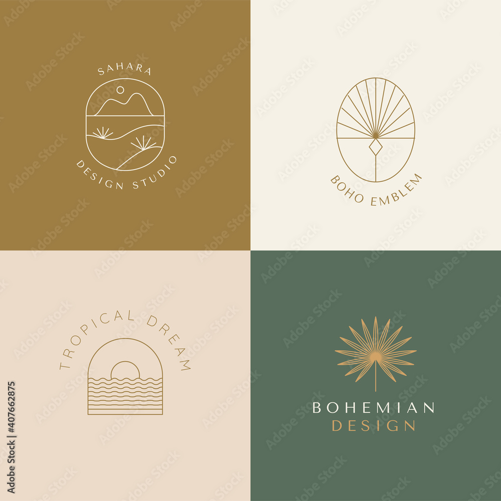 Fototapete Vector set of linear boho icons and symbols - sun logo design templates - abstract design elements
