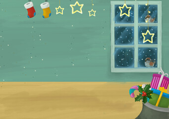 cartoon scene with christmas room and presents