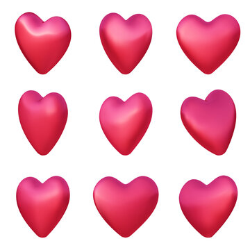 Set of 3d pink realistic vector hearts.