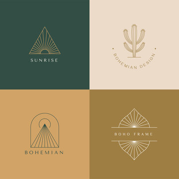 Vector set of linear boho icons and symbols - sun logo design templates - abstract design elements