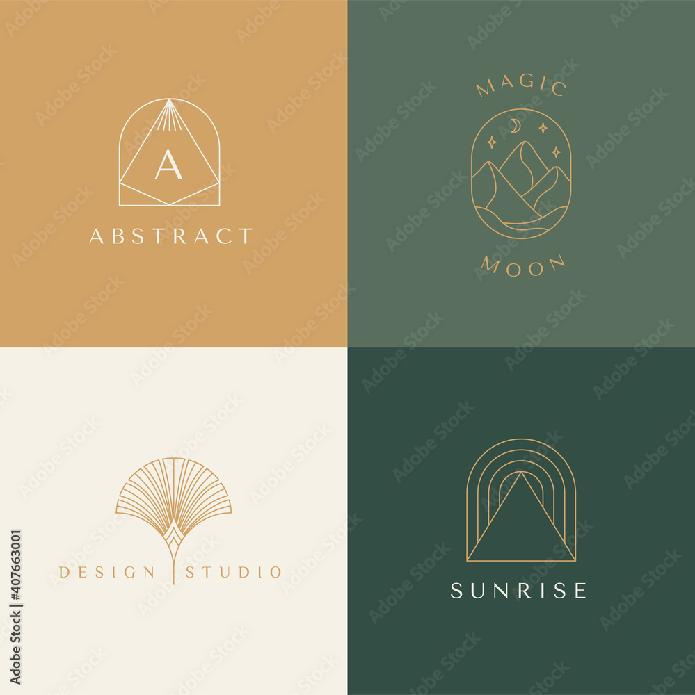 Poster Vector set of linear boho icons and symbols - sun logo design templates - abstract design elements