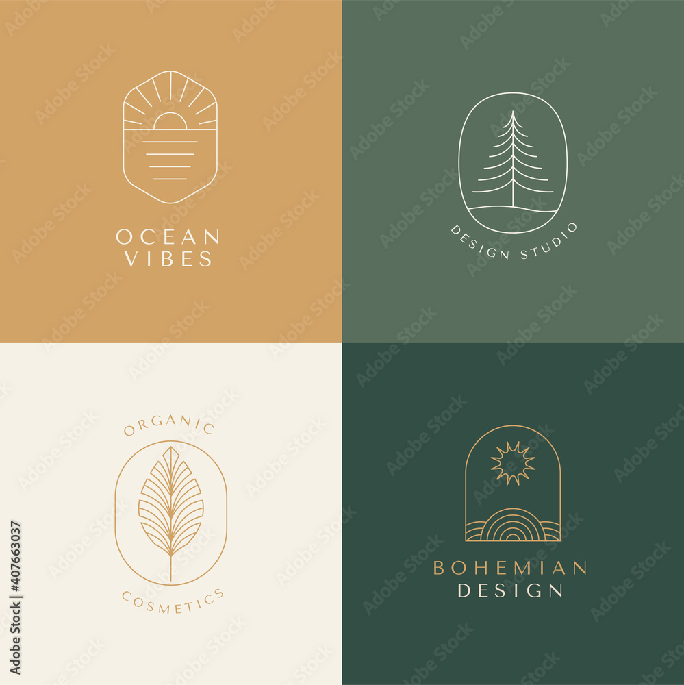 Poster Vector set of linear boho icons and symbols - sun logo design templates - abstract design elements