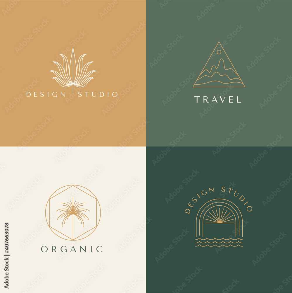 Poster Vector set of linear boho icons and symbols - sun logo design templates - abstract design elements