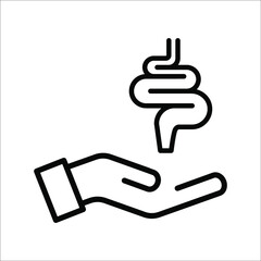 Human intestine on hand icon. Treatment, disease prevention symbol on white background. color editable