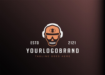 Podcast logo design inspiration. Vector illustration of a skull wearing a snapback hat and glasses wearing headphones. Modern vintage icon design template with line art style.