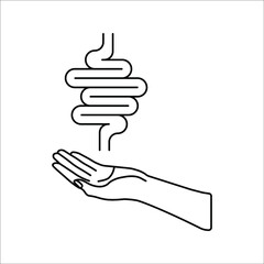 Human intestine on hand icon. Treatment, disease prevention symbol on white background. color editable