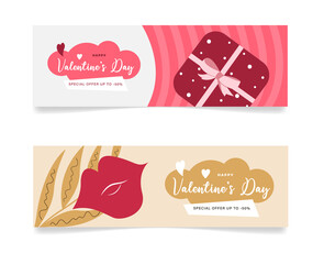 Set of Valentine s Day banner template. Vector illustration with gift, kiss and leaf. Special offer.