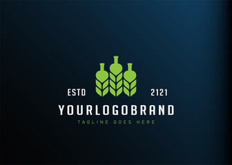 Wheat beer logo design inspiration. Vector illustration of three wheat plants resembling bottles. Modern vintage icon design template with line art style.