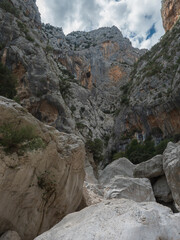 view of Gola Su Gorropu gorge with limestone rock walls, green bush and trees. Famous tourist hiking destination at Supramonte Mountains, Nuoro, Sardinia, Italy. Summer