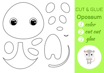 Coloring book cut and glue baby opossum. Educational paper game for preschool children. Cut and Paste Worksheet. Color, cut parts and glue on paper. Vector illustration.