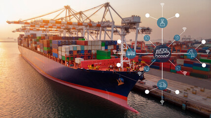Smart crane loading cargo container to container ship in the international terminal depot yard port...