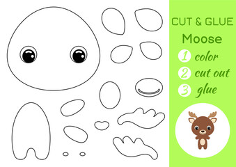 Coloring book cut and glue baby moose. Educational paper game for preschool children. Cut and Paste Worksheet. Color, cut parts and glue on paper. Vector illustration.