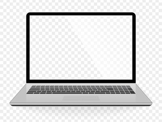 Realistic laptop on transparent background. Clean design with transparent screen. Notebook mockup isolated. Computer with empty screen. Silver device with shadow. Vector illustration.