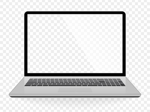 Realistic laptop on transparent background. Clean design with transparent screen. Notebook mockup isolated. Computer with empty screen. Silver device with shadow. Vector illustration.