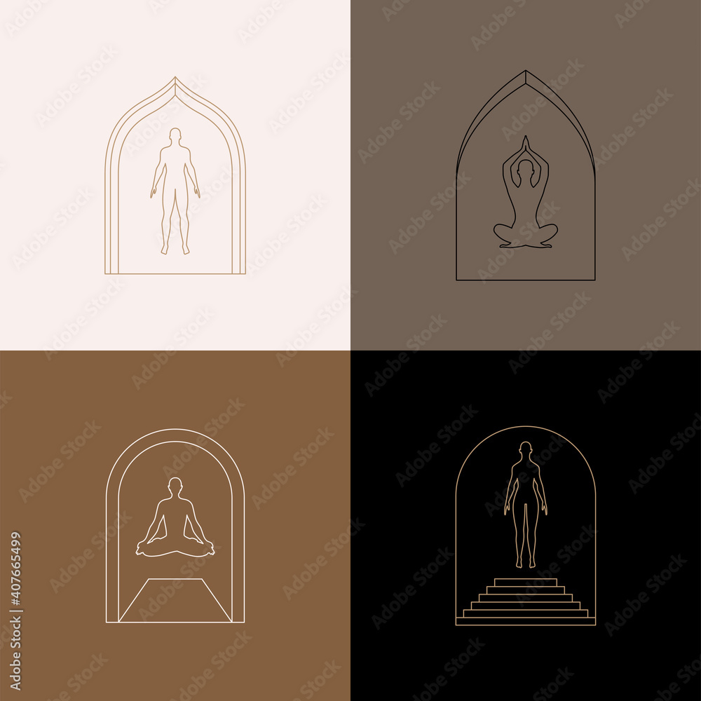 Leinwandbilder Vector set of linear design elements for logo templates in modern minimalist style with copy space for text with human figures and heads - human spirit and meditation