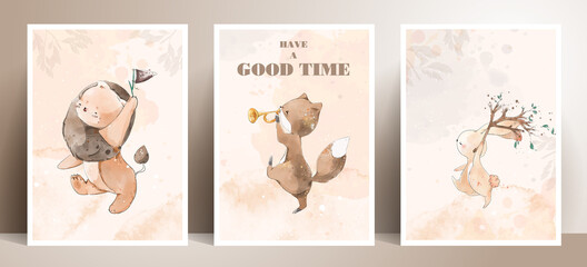 Watercolor painting lifestyle painting Daily life Wild animals in human gestures Warm heart  illustration