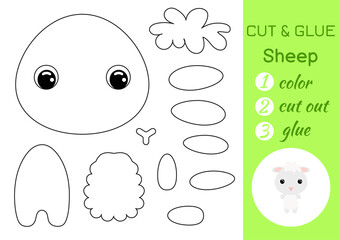 Coloring book cut and glue baby sheep. Educational paper game for preschool children. Cut and Paste Worksheet. Color, cut parts and glue on paper. Vector illustration.