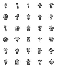 Flowers bouquets vector icons set, modern solid symbol collection, filled style pictogram pack. Signs, logo illustration. Set includes icons as wrapped flowers bouquet, tulips, chamomile, lilies, vase