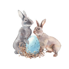 Happy Easter watercolor card. Cute isolated image: rabbits and Easter egg.
